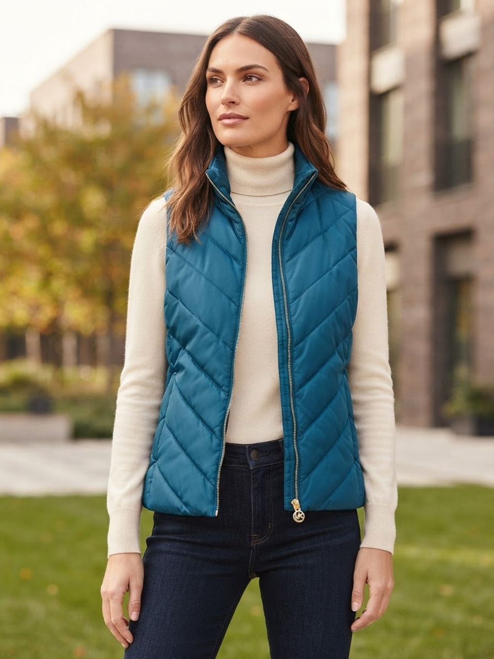 NWT Michael Kors Luxe Teal Chevron Quilted Puffer Vest Stand Collar Size M